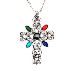 Avon Vintage Silver Tone Multi Color Faux Stone Filigree Cross Necklace 24 Inch